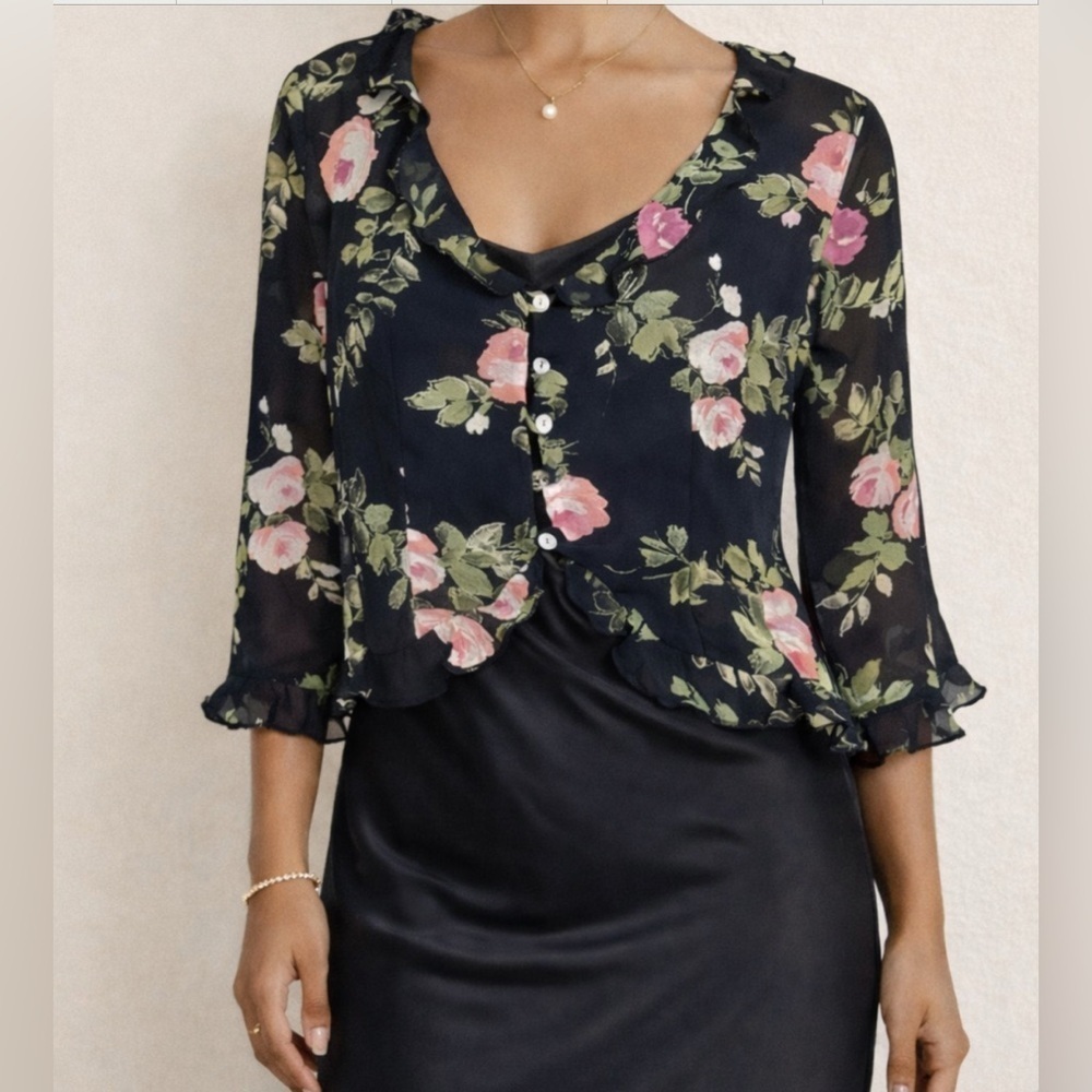 90s Y2K Vintage CDC Cardigan Floral Ruffle Topper Size 8